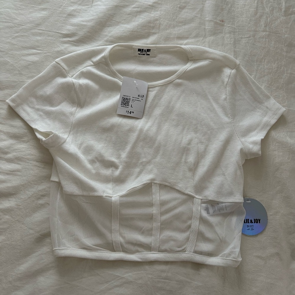 white mesh cropped short sleeve top